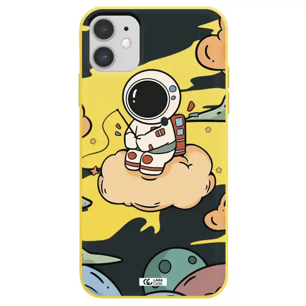 a cartoon astronaut sitting on a cloud Apple iPhone 11 Silicone canary yellow Case