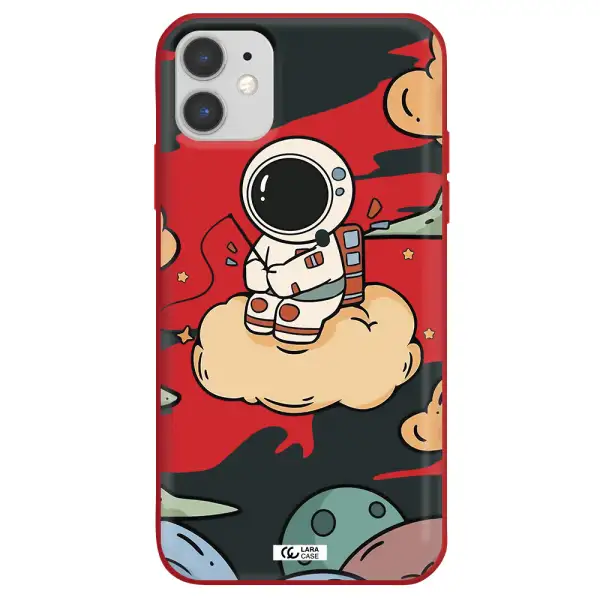 a cartoon astronaut sitting on a cloud Apple iPhone 11 Silicone Imperial Red Case