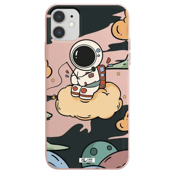 a cartoon astronaut sitting on a cloud Apple iPhone 11 Silicone pastel pink Case