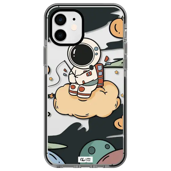 a cartoon astronaut sitting on a cloud Apple iPhone 12 impact black border Case