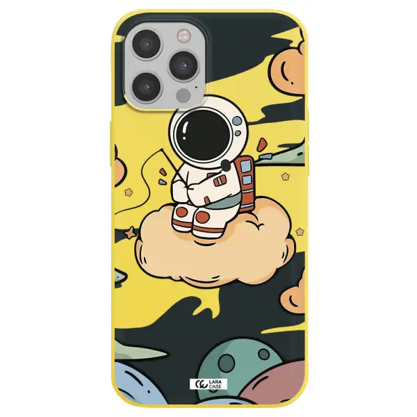 a cartoon astronaut sitting on a cloud Apple iPhone 12 pro max Silicone canary yellow Case
