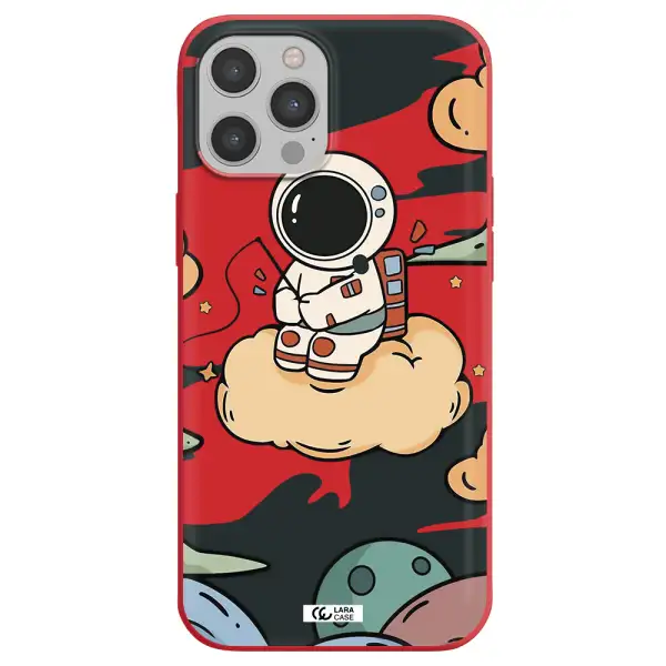 a cartoon astronaut sitting on a cloud Apple iPhone 12 pro max Silicone Imperial Red Case
