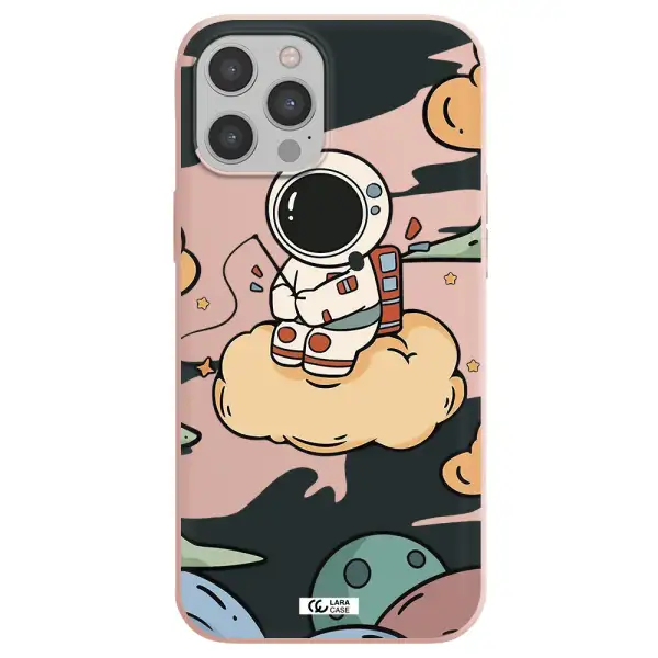 a cartoon astronaut sitting on a cloud Apple iPhone 12 pro max Silicone pastel pink Case