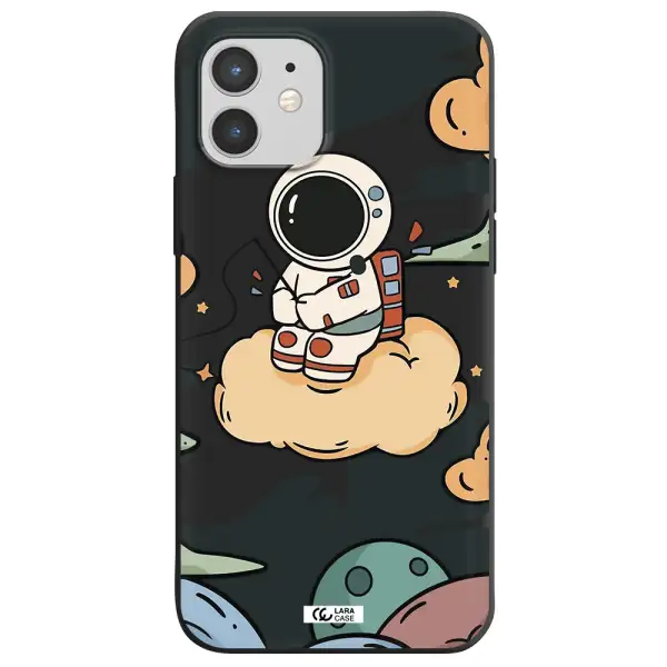 a cartoon astronaut sitting on a cloud Apple iPhone 12 Silicone black Case