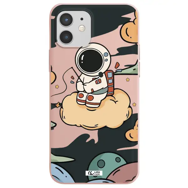 a cartoon astronaut sitting on a cloud Apple iPhone 12 Silicone pastel pink Case