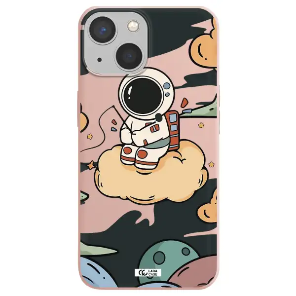 a cartoon astronaut sitting on a cloud Apple iPhone 13 mini Silicone pastel pink Case