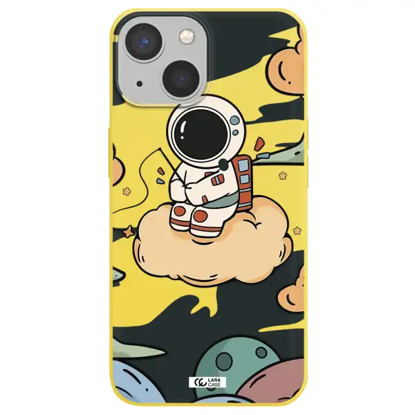 a cartoon astronaut sitting on a cloud Apple iPhone 13 Silicone canary yellow Case