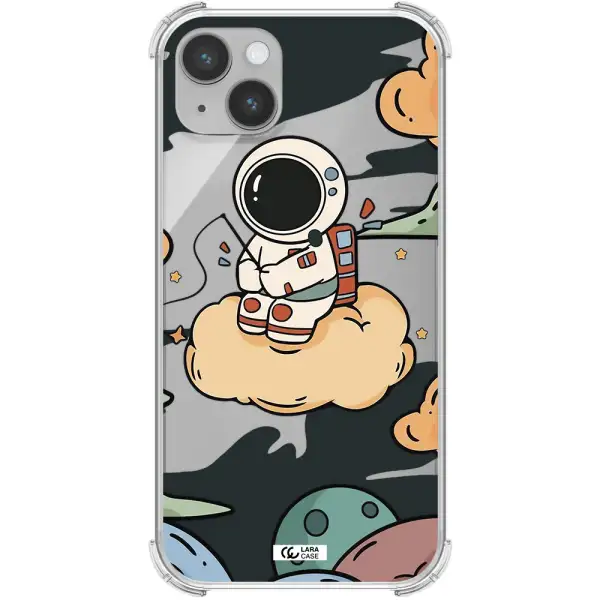 a cartoon astronaut sitting on a cloud Apple iPhone 14 plus Clear PC Case
