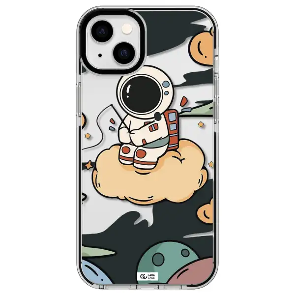 a cartoon astronaut sitting on a cloud Apple iPhone 14 plus impact black border Case