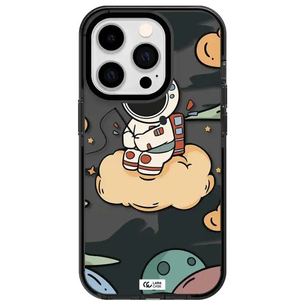 a cartoon astronaut sitting on a cloud Apple iPhone 14 pro impact Smoke Black Case