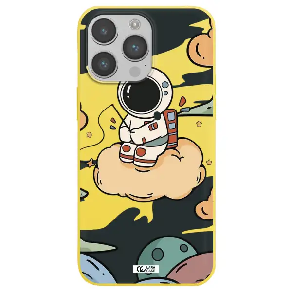 a cartoon astronaut sitting on a cloud Apple iPhone 14 pro Silicone canary yellow Case