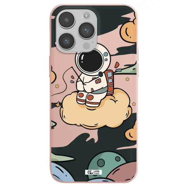 a cartoon astronaut sitting on a cloud Apple iPhone 14 pro Silicone pastel pink Case