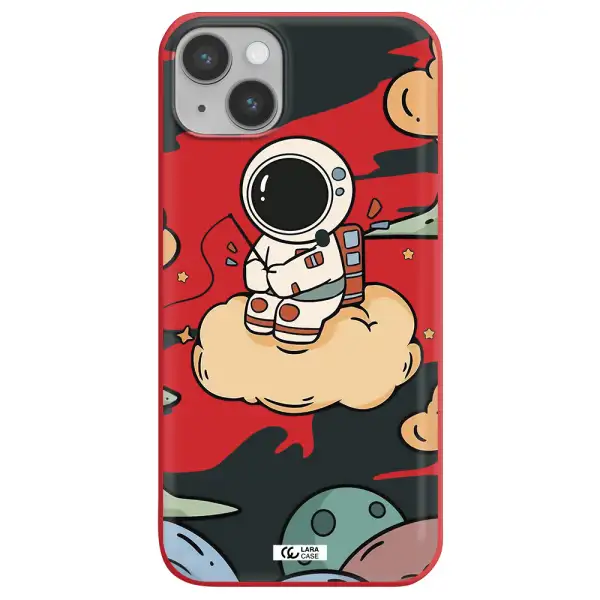 a cartoon astronaut sitting on a cloud Apple iPhone 14 Silicone Imperial Red Case