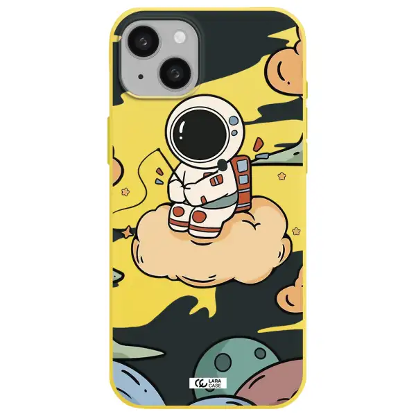 a cartoon astronaut sitting on a cloud Apple iphone 15 plus Silicone canary yellow Case