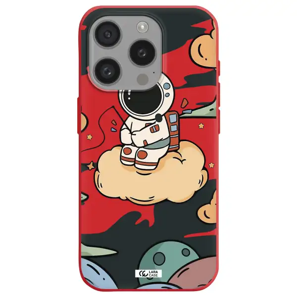 A Cartoon Astronaut Sitting On A Cloud Apple Iphone 15 Pro Silicone Imperial Red Case