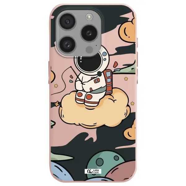 A Cartoon Astronaut Sitting On A Cloud Apple Iphone 15 Pro Silicone Pastel Pink Case