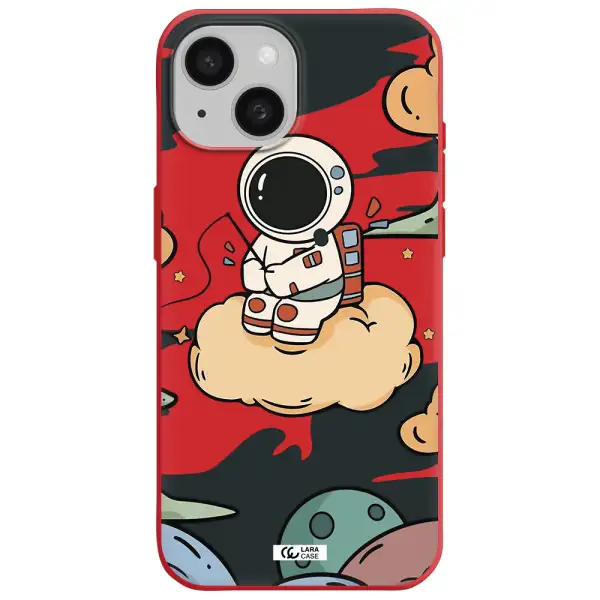 A Cartoon Astronaut Sitting On A Cloud Apple Iphone 15 Silicone Imperial Red Case