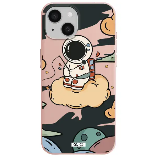 A Cartoon Astronaut Sitting On A Cloud Apple Iphone 15 Silicone Pastel Pink Case