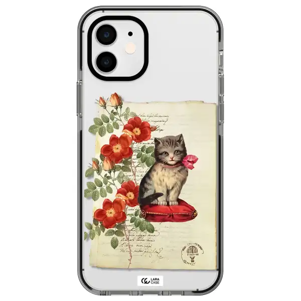 a cat on a pillow with flowers Apple iPhone 11 impact black border Case