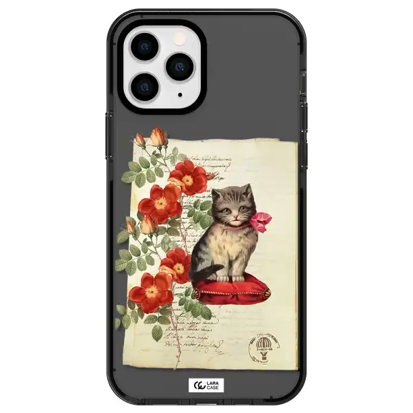 a cat on a pillow with flowers Apple iPhone 11 pro max impact Smoke Black Case