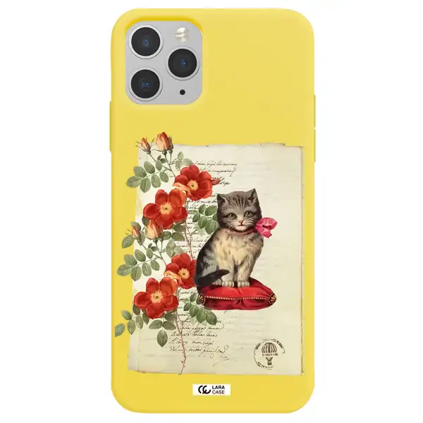 a cat on a pillow with flowers Apple iPhone 11 pro max Silicone canary yellow Case