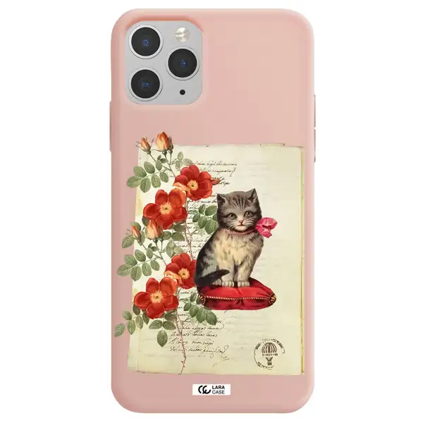 a cat on a pillow with flowers Apple iPhone 11 pro max Silicone pastel pink Case