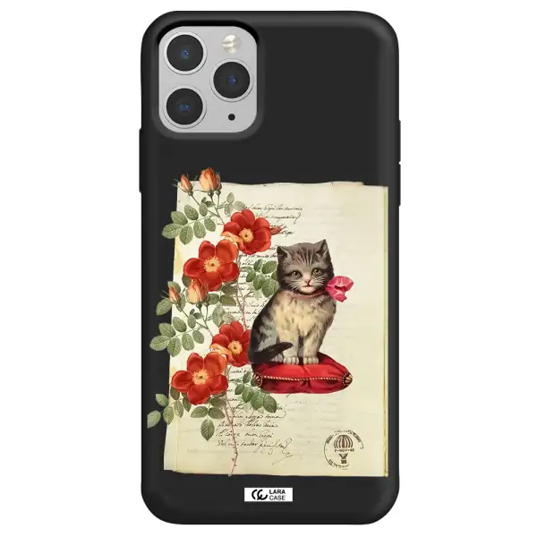 a cat on a pillow with flowers Apple iPhone 11 pro Silicone black Case