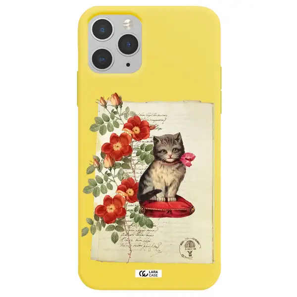 a cat on a pillow with flowers Apple iPhone 11 pro Silicone canary yellow Case