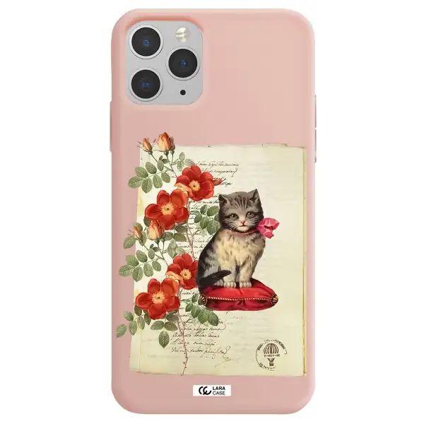 a cat on a pillow with flowers Apple iPhone 11 pro Silicone pastel pink Case