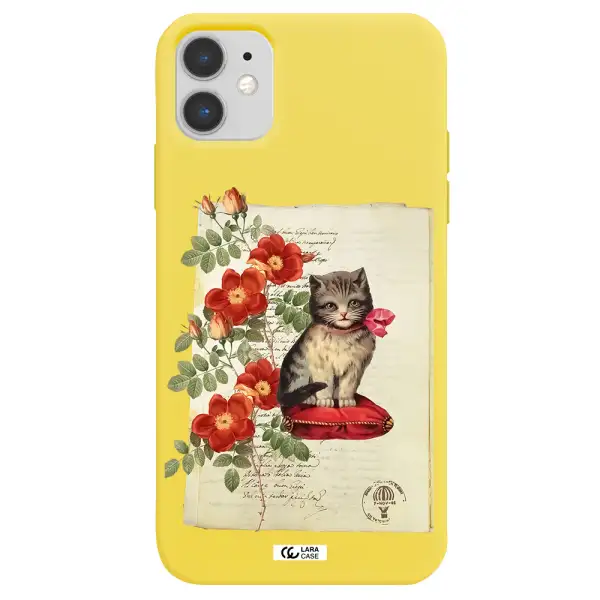 a cat on a pillow with flowers Apple iPhone 11 Silicone canary yellow Case