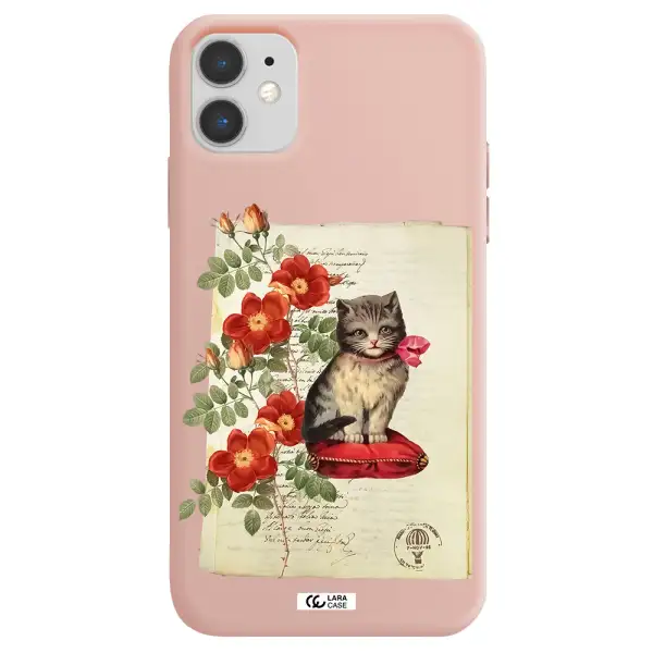 a cat on a pillow with flowers Apple iPhone 11 Silicone pastel pink Case