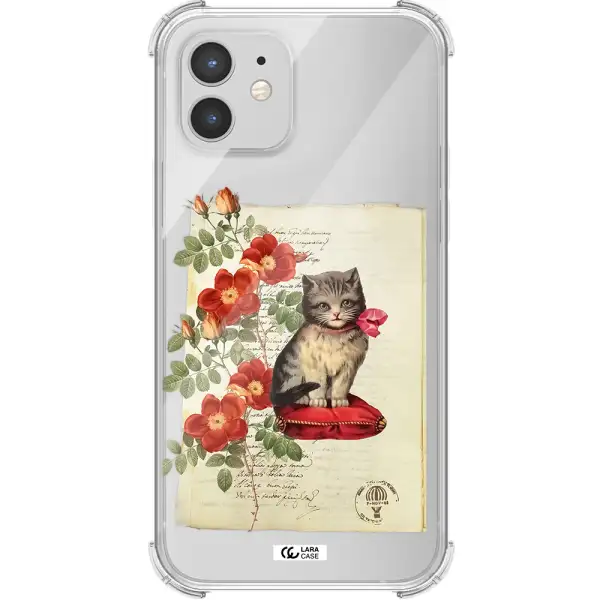a cat on a pillow with flowers Apple iPhone 12 Clear PC Case