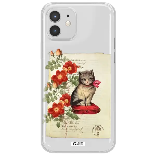 a cat on a pillow with flowers Apple iPhone 12 Clear TPU Case