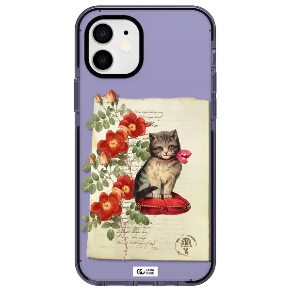 a cat on a pillow with flowers Apple iPhone 12 impact Lilac Case