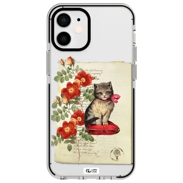 a cat on a pillow with flowers Apple iPhone 12 mini impact black border Case