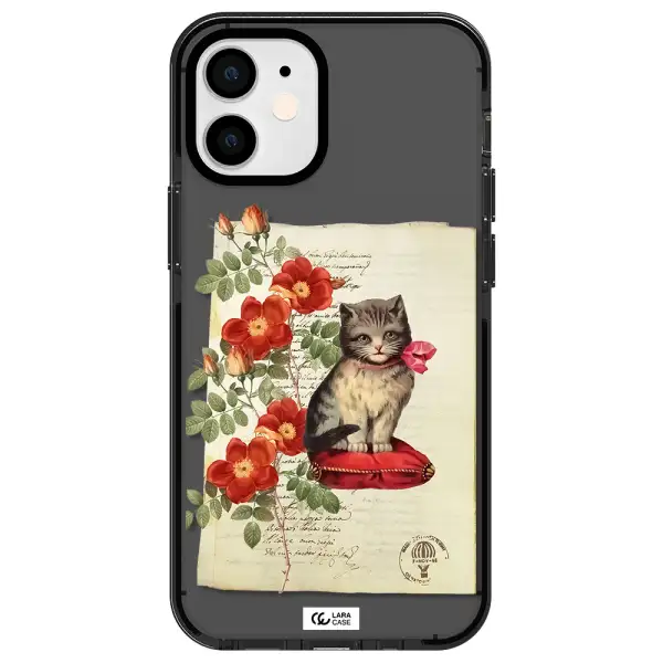 a cat on a pillow with flowers Apple iPhone 12 mini impact Smoke Black Case
