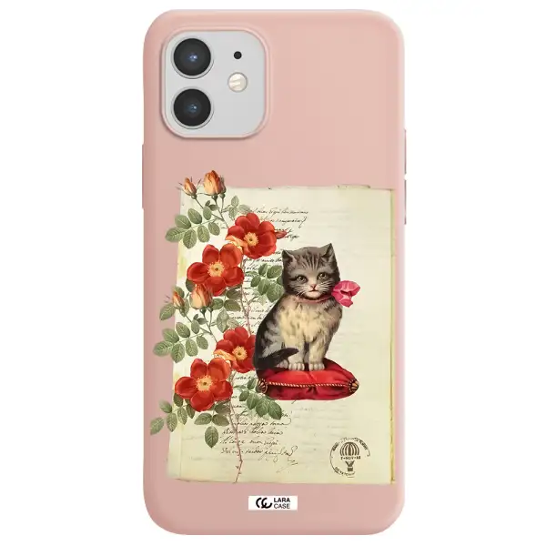 a cat on a pillow with flowers Apple iPhone 12 mini Silicone pastel pink Case