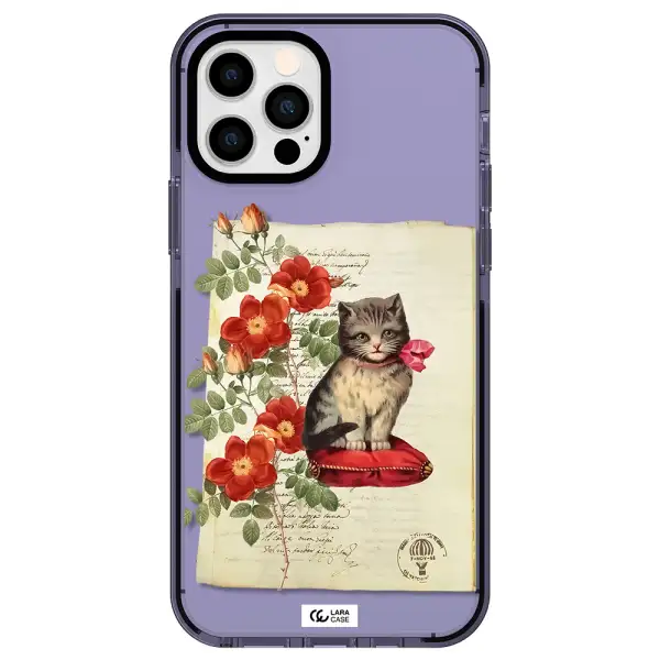 a cat on a pillow with flowers Apple iPhone 12 pro impact Lilac Case