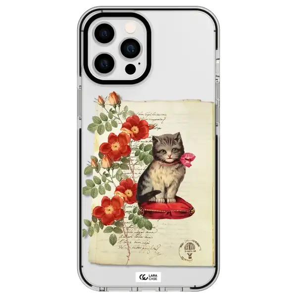 a cat on a pillow with flowers Apple iPhone 12 pro max impact black border Case