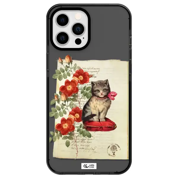 a cat on a pillow with flowers Apple iPhone 12 pro max impact Smoke Black Case
