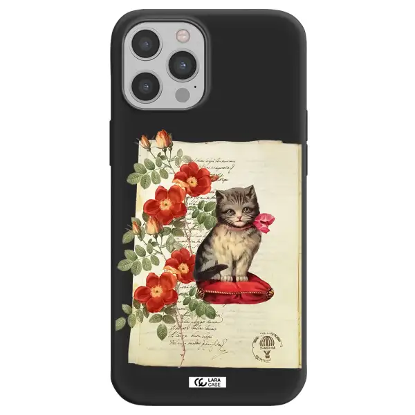 a cat on a pillow with flowers Apple iPhone 12 pro max Silicone black Case