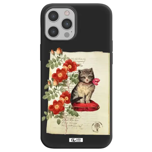 a cat on a pillow with flowers Apple iPhone 12 pro Silicone black Case
