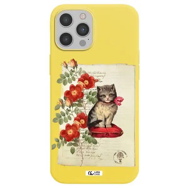 a cat on a pillow with flowers Apple iPhone 12 pro Silicone canary yellow Case