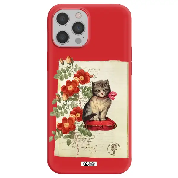 a cat on a pillow with flowers Apple iPhone 12 pro Silicone Imperial Red Case