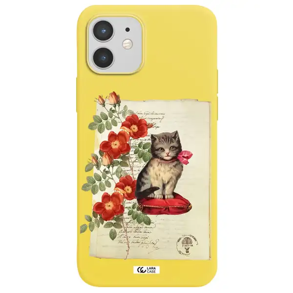 a cat on a pillow with flowers Apple iPhone 12 Silicone canary yellow Case