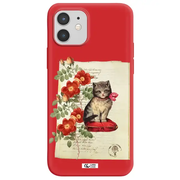 a cat on a pillow with flowers Apple iPhone 12 Silicone Imperial Red Case