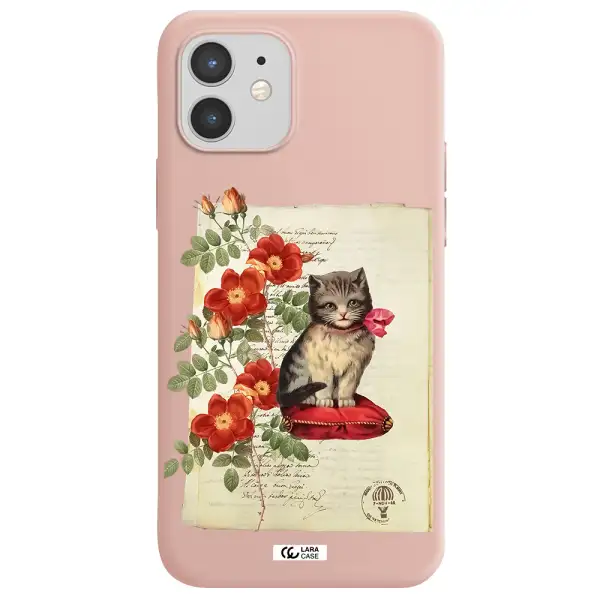 a cat on a pillow with flowers Apple iPhone 12 Silicone pastel pink Case