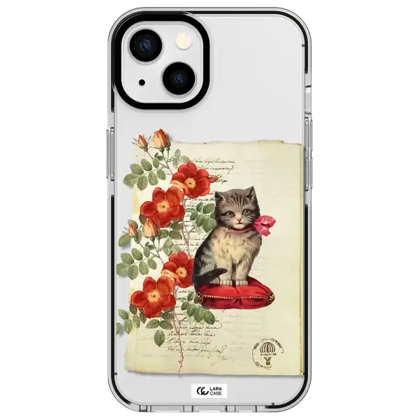 a cat on a pillow with flowers Apple iPhone 13 impact black border Case