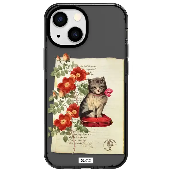 a cat on a pillow with flowers Apple iPhone 13 mini impact Smoke Black Case