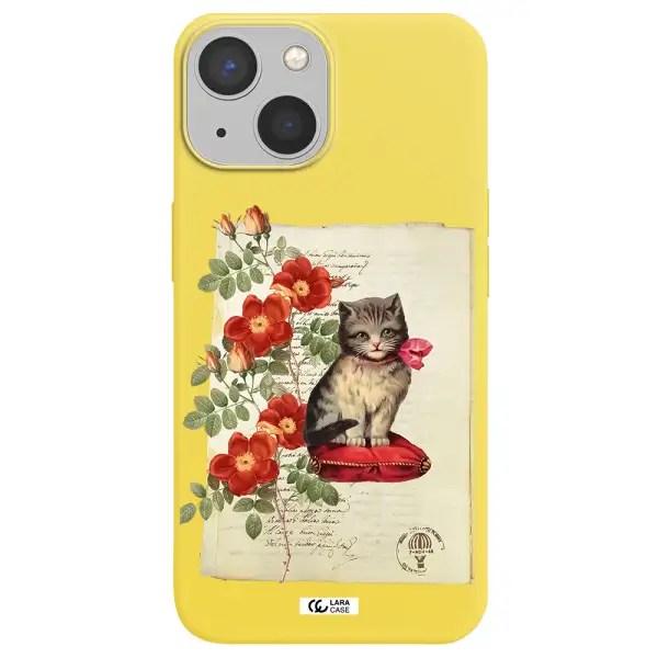 a cat on a pillow with flowers Apple iPhone 13 mini Silicone canary yellow Case
